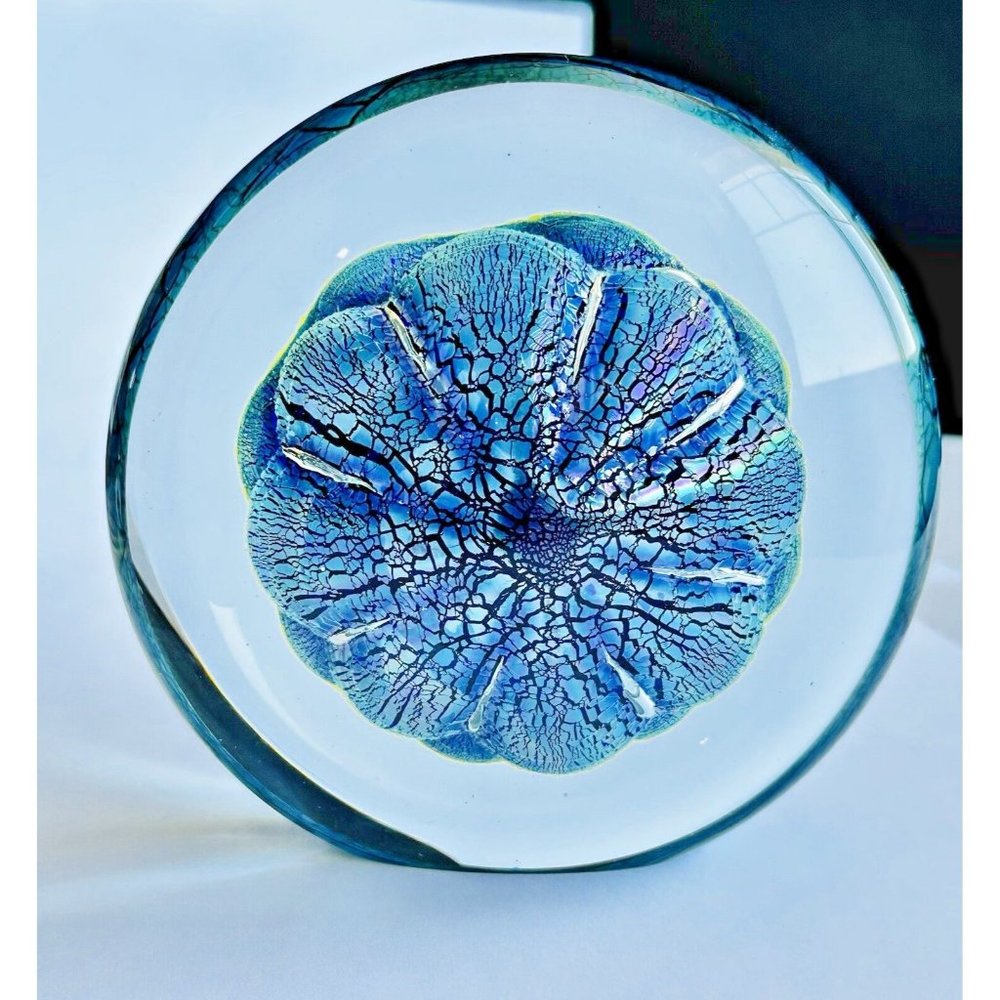 Robert Eickholt 1998 Art Glass Dichroic Iridescent Blue Ocean Disk Paperweight